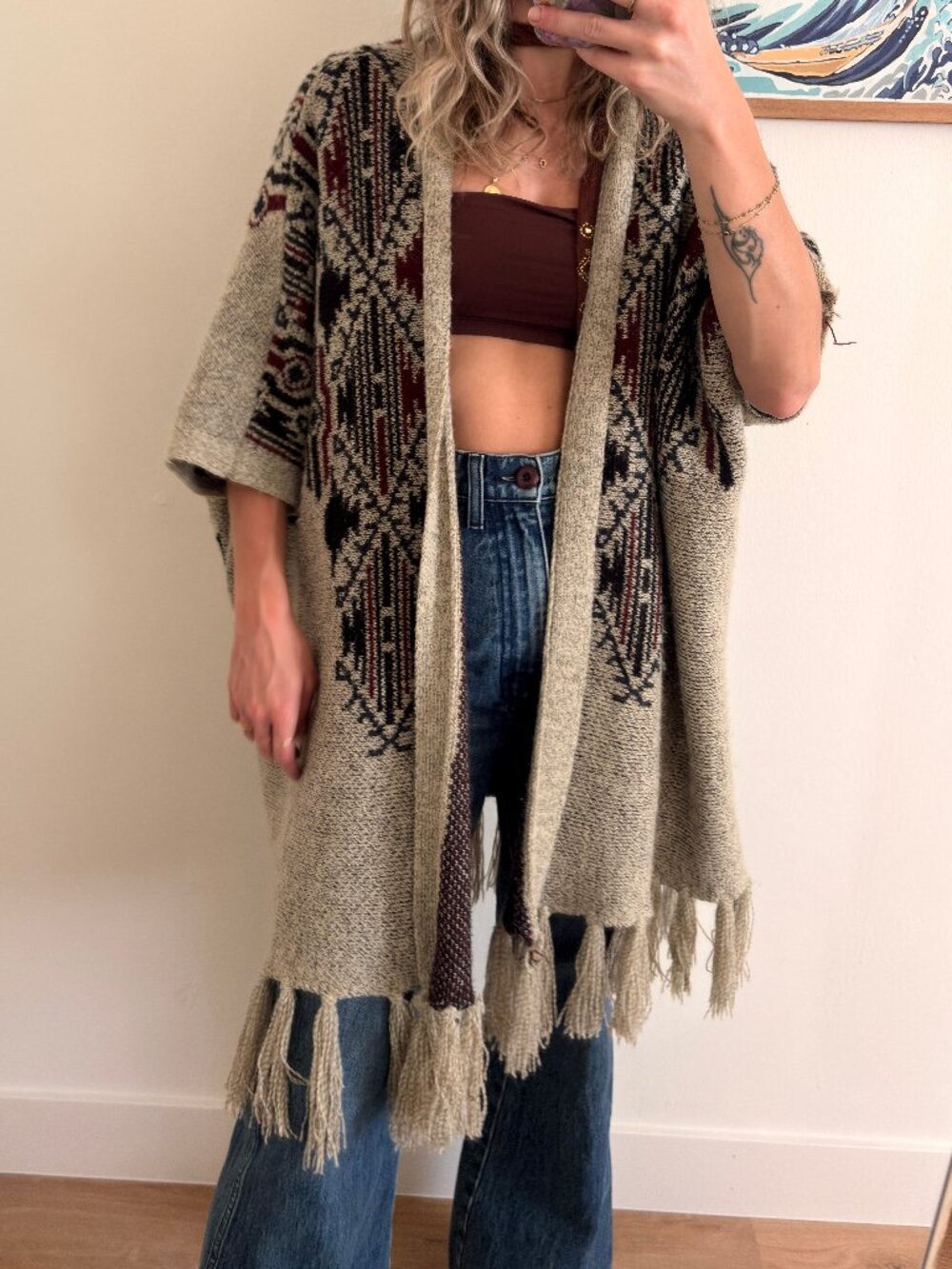 Boho Knit Fringe Shawl Cardigan Open Front One Size